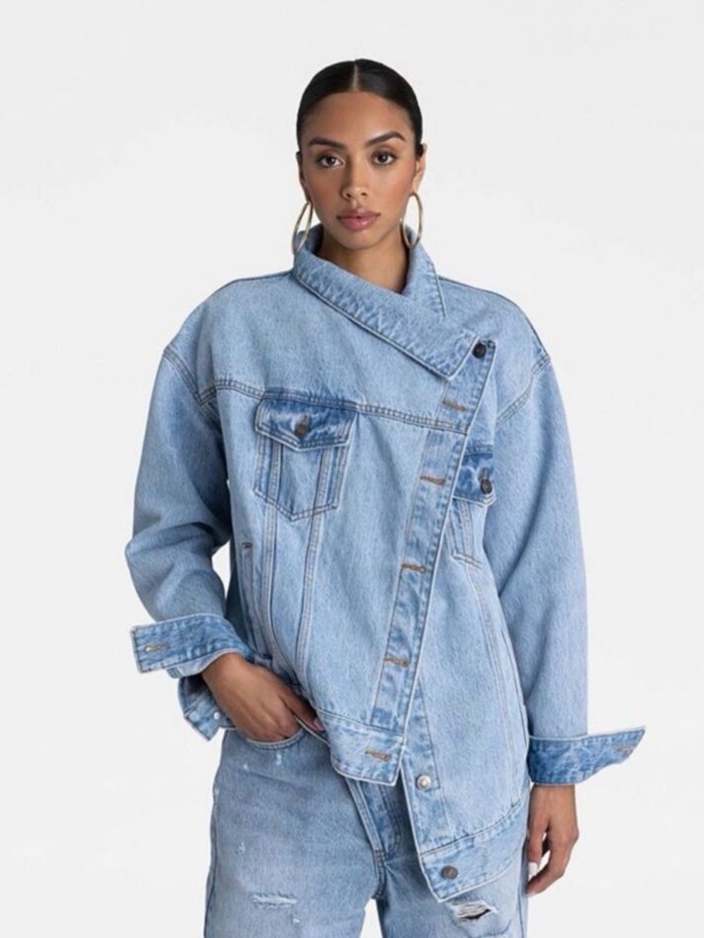KBB Oversized Light Blue Asymmetric Denim Jacket - Women Size small